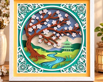 Cherry Blossom Shadow Box SVG, Japanese Pagoda Layered Paper Cut, Sakura Landscape SVG, 3D Light Box Cricut Template
