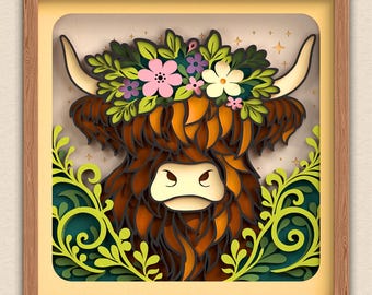 3D Highland Cow Shadow box SVG, Flower Crown Cow Papercut SVG, Layered Animals svg files for cricut, Laser Cut Files