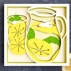 Könnte beinhalten: Ein weißer Rahmen mit einem gelben und grünen Ausschnittdesign eines Kruges und eines Glases Limonade. Der Krug und das Glas sind mit Zitronen und Minzblättern gefüllt.