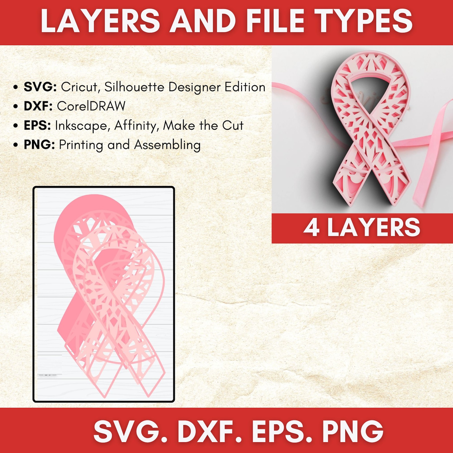 Layered Ribbon Svg 3D Layered Awareness Ribbon SVG for Shadow Box, Laser Cut, Cricut ...
