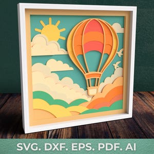 Modèle 3D de boîte d'ombre de montgolfière, boîte d'ombre de douche de bébé Svg, décoration de chambre d'enfants, fichiers Svg nouveau-né pour Cricut, papier cartonné, papercraft