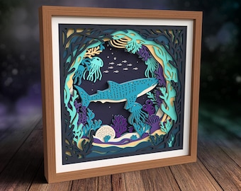 Whale Shark 3D Shadow Box SVG, Jellyfish SVG, Underwater Papercut SVG, Layered Ocean Cricut Project, Laser Cut Files