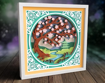 3D Cherry Blossom Shadow Box SVG, Floral SVG, Sakura Tree Papercut Art, Layered Japanese Landscape SVG Files For Cricut, Laser Cut Files