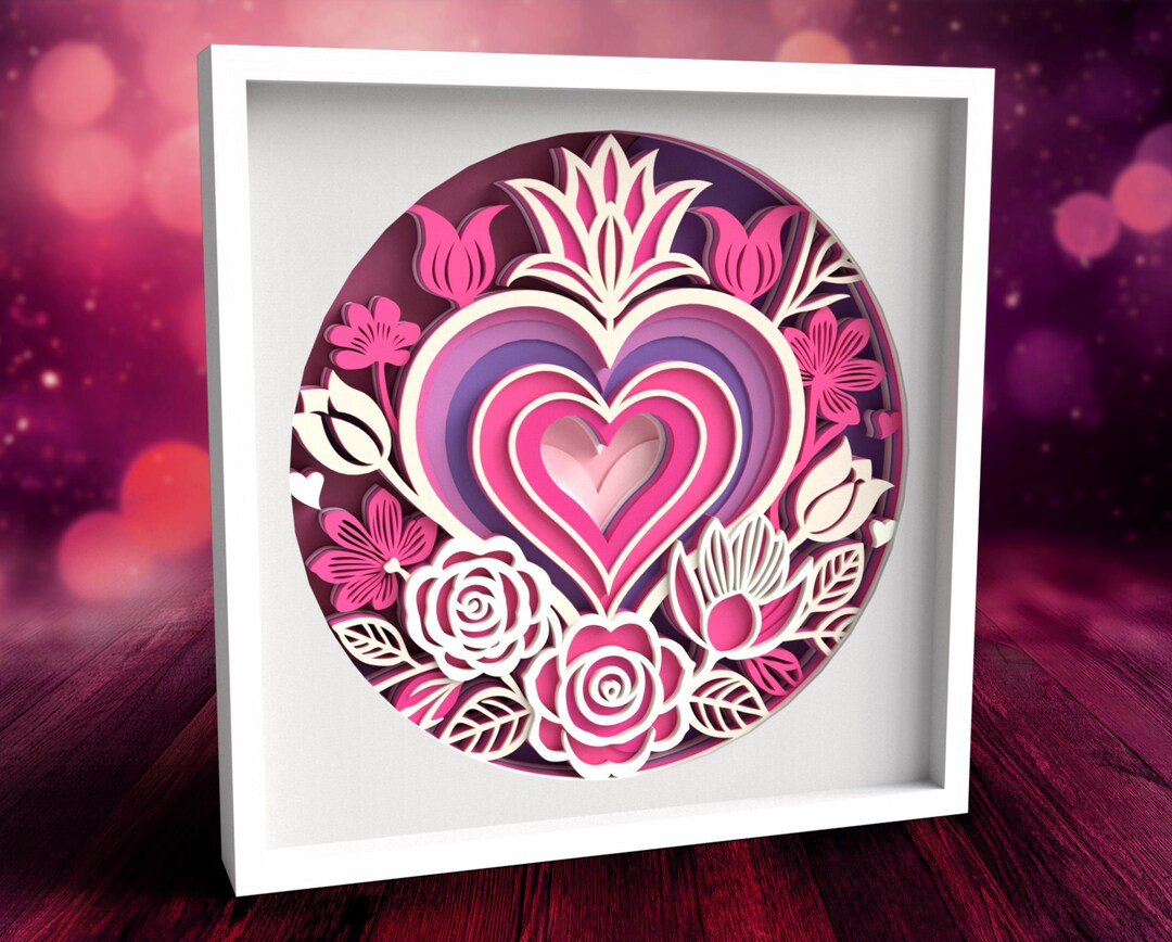 3D Heart Flower Shadow Box SVG, Layered Love Papercut SVG, Floral Heart ...