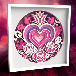 Caixa de Sombra de Coração Floral em Camadas 3D SVG DXF | Arquivo de Corte a Laser Svg de Casamento | Arte Romântica de Corte de Papel | Presente de Amor DIY | Projetos Cricut