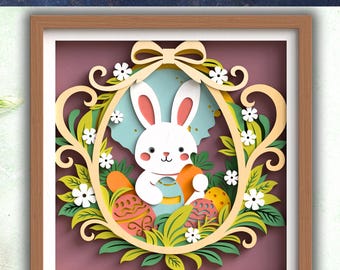 3D Easter Bunny SVG Shadow Box Floral Egg Layered Files Cricut Silhouette Laser Cut Spring Decor