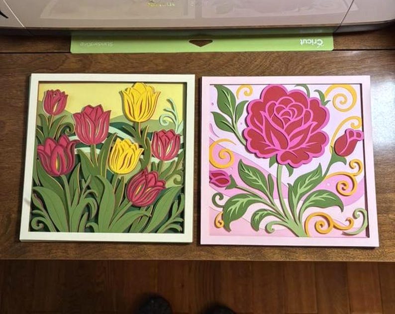 3D Floral Shadow Box Bundel - Rose Lavendel Pioen Tulp gelaagde SVG-bestanden voor Cricut-projecten, silhouet en lasergesneden afbeelding 3