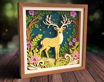 3D Deer Shadow Box SVG, Enchanted Forest, Layered woodland animals Papercut SVG Files for Cricut, Silhouette & Laser Cut