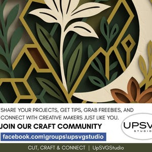 May include: A multi-layered paper art design with geometric shapes, leaves, and a crescent moon in green, beige, and brown. The image includes text inviting people to join a craft community and connect with creative makers.
