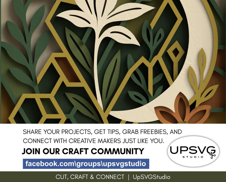 May include: A multi-layered paper art design with geometric shapes, leaves, and a crescent moon in green, beige, and brown. The image includes text inviting people to join a craft community and connect with creative makers.