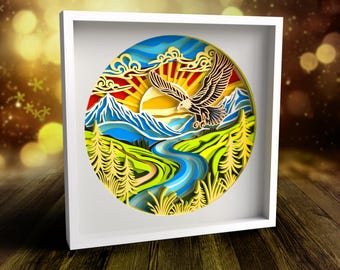 3D American Eagle Shadow Box SVG DXF:  Multilayer Nature and Mountain Scene