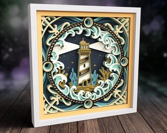 3D Nautical Shadow box SVG, Anchor Svg, Lighthouse Papercut Svg, Layered Ocean Cricut Project, Laser Cut Files