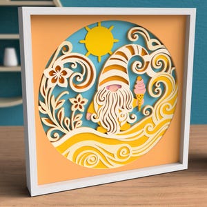 Arquivos SVG DXF 3D Summer Gnome - Gnome Cricut Layered Svg, Gnome Shadow Box Svg para corte a laser, cartolina, arte de corte em papel - Hello Summer