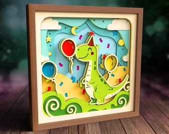 3D Dino Shadow box SVG, Cute Dinosaur SVG, Birthday Papercut SVG, Layered Party Cricut Project, Laser Cut Files | Nursery Decor