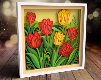 3D Tulip Garden Shadow Box SVG | Layered Floral Cut Files for Cricut, Silhouette & Laser Cut | Spring Decor