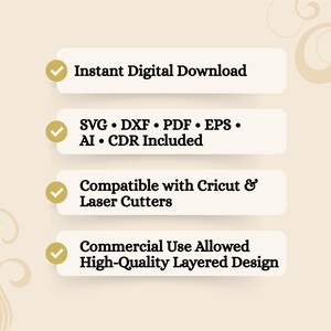 Op de afbeelding: Een digitale downloadafbeelding met de tekst "Instant Digital Download", "SVG &bull; DXF &bull; PDF &bull; EPS &bull; AI &bull; CDR Included", "Compatible with Cricut & Laser Cutters" en "Commercial Use Allowed High-Quality Layered Design". De achtergrond is lichtbeige met een bloemenontwerp.