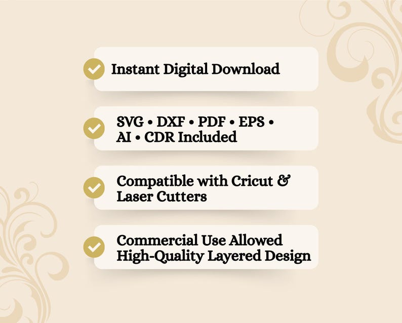 Op de afbeelding: Een digitale downloadafbeelding met de tekst "Instant Digital Download", "SVG &bull; DXF &bull; PDF &bull; EPS &bull; AI &bull; CDR Included", "Compatible with Cricut & Laser Cutters" en "Commercial Use Allowed High-Quality Layered Design". De achtergrond is lichtbeige met een bloemenontwerp.