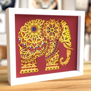 Art mural mandala éléphant SVG, fichiers SVG 3D Shadow Box pour Cricut, fichiers découpés au laser mandala floral, conception de mandala éléphant