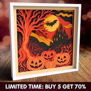 3D Halloween Shadow Box, Pumpkin Svg Laser Cut File, Bookshelf Decor, Files For Cricut, Layered Light Box Svg, Paper Cutting