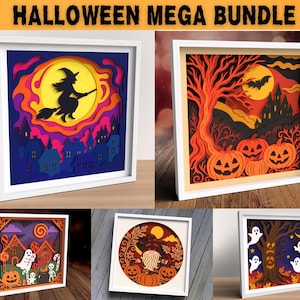 May include: A collection of framed Halloween-themed paper art. The art features layered designs with witch silhouettes, pumpkins, haunted houses, and ghosts. The color palette includes orange, purple, yellow, and black, creating a spooky and festive atmosphere.
