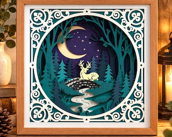 3D Woodland Shadow Box SVG, Deer  SVG,  Moon Papercut Art, Layered Forest Animal Cricut Project, Laser Cut Files