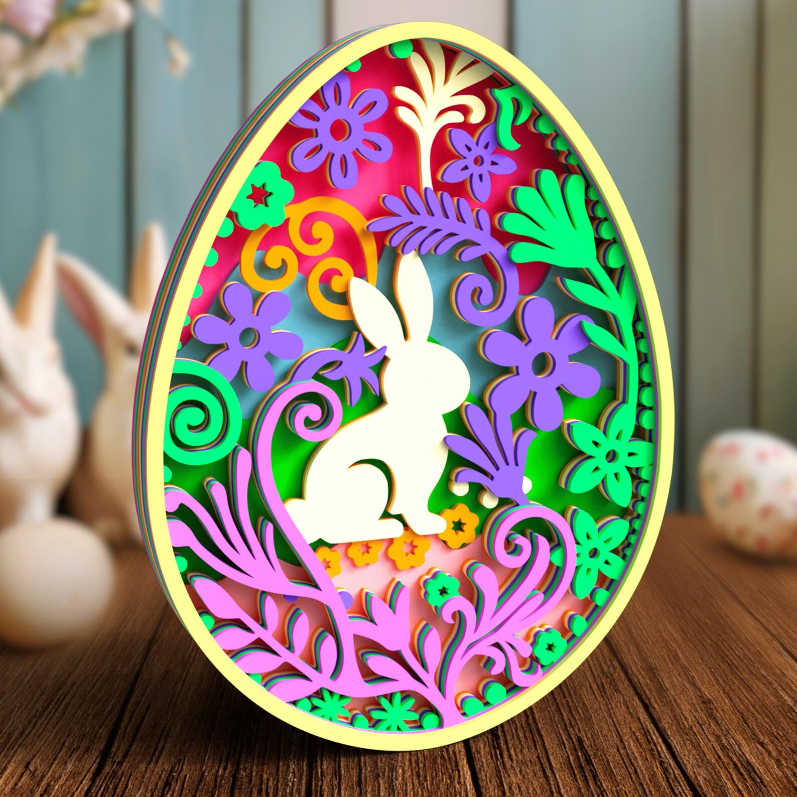 3D Easter Bunny Shadow Box Bundle - Floral Rabbit Egg Layered SVG Files ...