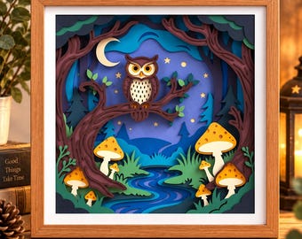 3D Woodland Shadow box SVG, Mushroom SVG, Owl Papercut SVG, Layered Forest Cricut Project, Laser Cut Files