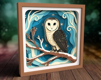 3D Barn Owl Shadow Box SVG, Snowflake SVG, Bird Papercut art, Layered Snowy Owl Cricut Project, Laser Cut Files