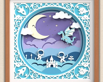3D Moon Shadow box SVG, Dragon Svg, Astronaut paper cut art, Layered Fantasy Castle Cricut Project, Laser Cut Files
