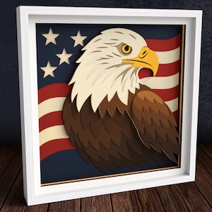 3D USA flag with Eagle Shadow Box SVG, 4th of July Layered SVG, Patriotic Svg Files for Cricut, Silhouette, Papercut, Laser Cut