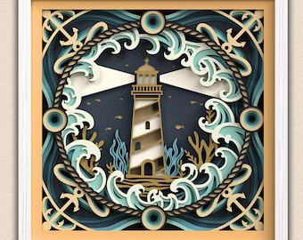 3D Nautical Shadow box SVG, Anchor Svg, Lighthouse Papercut Svg, Layered Ocean Cricut Project, Laser Cut Files