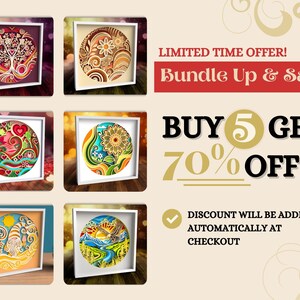 Op de afbeelding: Een promotieafbeelding met zes ingelijste papieren kunstwerken met ingewikkelde ontwerpen. De kunst omvat een boom, bloempatronen, harten en landschappen. Tekst promoot een "Bundle Up & Save"-aanbieding: Koop 5, krijg 70% korting.