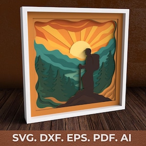 3D Mountain Shadow Box SVG: Skiktad solnedgångsvandringsscen (digital nedladdning)