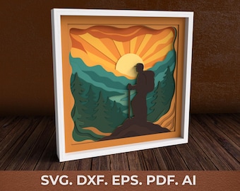 3D Mountain Shadow Box SVG: Layered Sunset Hiking Scene (Digital Download)