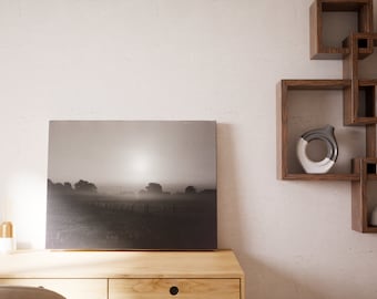 Zwart-wit film Sunrise landschap fotografie, Misty Sunrise print, digitale fotografie, kunst aan de grote muur