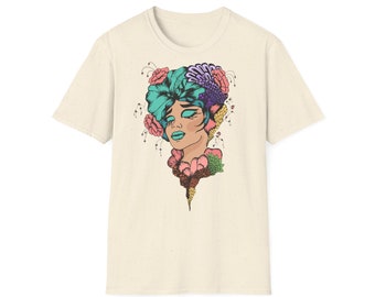 Uniek bloemenpop-art T-shirt - Levendig grafisch T-shirt met ijsmeisje