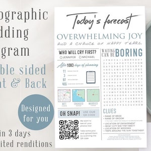 Könnte beinhalten: Eine Hochzeits-Programm-Infografik in Blau und Weiß. Die Infografik enthält einen Countdown zur Hochzeit, ein Wortsuchrätsel und einen QR-Code. Der Text auf der Infografik lautet "Heutige Prognose: Überwältigende Freude und eine Chance auf glückliche Tränen." und "Warten kann langweilig sein".