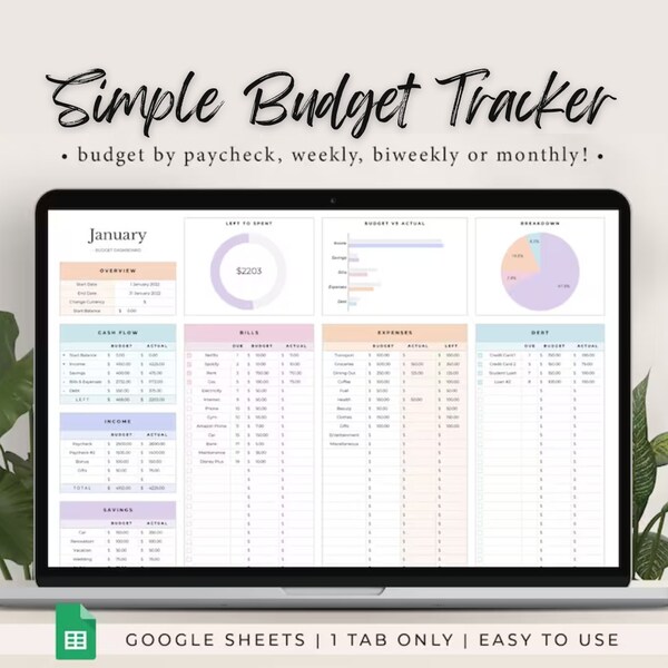 Budget tracker for Google Sheets - Simple Monthly template, budget tracker includes incomes, bills, expenses, and more!