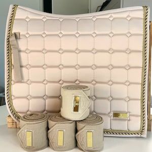 Equestbun cream beige with golden details saddle pad bandages set horse outfit dressage equestrian sport