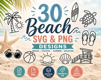 Beach SVG Bundle | Summer PNG Clipart Bundle | Coastal Vacation Icons | Nautical Set