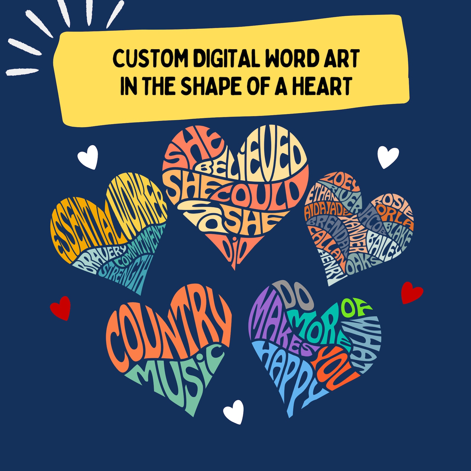 Custom word art design in the shape of heart etsy