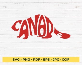 May include: Red silhouette of a beaver with the word "CANADA" formed by the beaver's body. The image is on a white woodgrain background.
