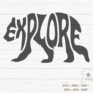 Op de afbeelding: Een zwart silhouet van een beer met het woord "EXPLORE" gevormd door de omtrek van de beer.