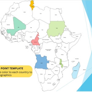 Könnte beinhalten: Eine Karte von Afrika mit verschiedenen Ländern, die in verschiedenen Farben hervorgehoben sind, darunter Grün, Blau, Gelb und Pink. Der Text "POWER POINT TEMPLATE" und "Ändern Sie die Farbe jedes Landes, um Infografiken zu erstellen" wird unter der Karte angezeigt.