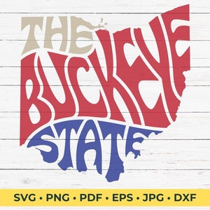 May include: A red, white and blue graphic design of the state of Ohio. The words "The Buckeye State" are spelled out in a stylised font, forming the shape of the state.