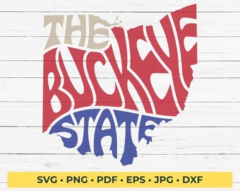 May include: A red, white, and blue graphic design of the state of Ohio. The words "The Buckeye State" are spelled out in a stylized font, forming the shape of the state.
