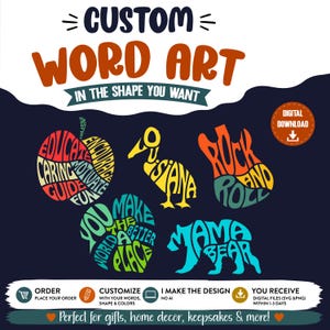 Op de afbeelding: Een digitale afbeelding met de tekst CUSTOM WORD ART IN THE SHAPE YOU WANT. Hieronder staan vijf kleurrijke woordkunstontwerpen in de vorm van een appel, een eend, een gitaar, een hart en een beer, met de tekst DIGITAL DOWNLOAD in een cirkel.