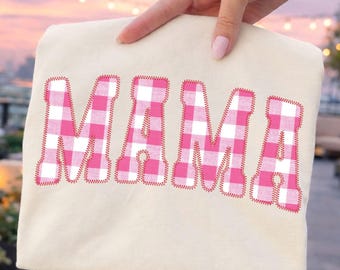 Pink Buffalo Plaid Mama PNG | Faux Stitch Mom Design | Varsity Shirt Graphic