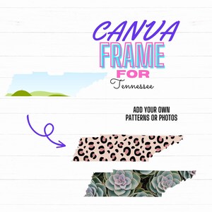 May include: A digital template for a Canva frame featuring the outline of the state of Tennessee. The text "Canva Frame for Tennessee" is displayed above the outline. The outline is filled with a leopard print pattern and a succulent pattern. The text "Add your own patterns or photos" is displayed below the outline.