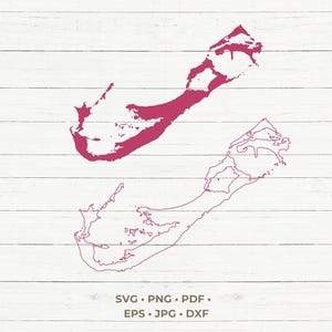 May include: A digital design featuring two magenta outlines of Bermuda on a white wood-grain background. The top outline is filled in, while the bottom is an outline. The design includes file type information: SVG, PNG, PDF, EPS, JPG, and DXF.